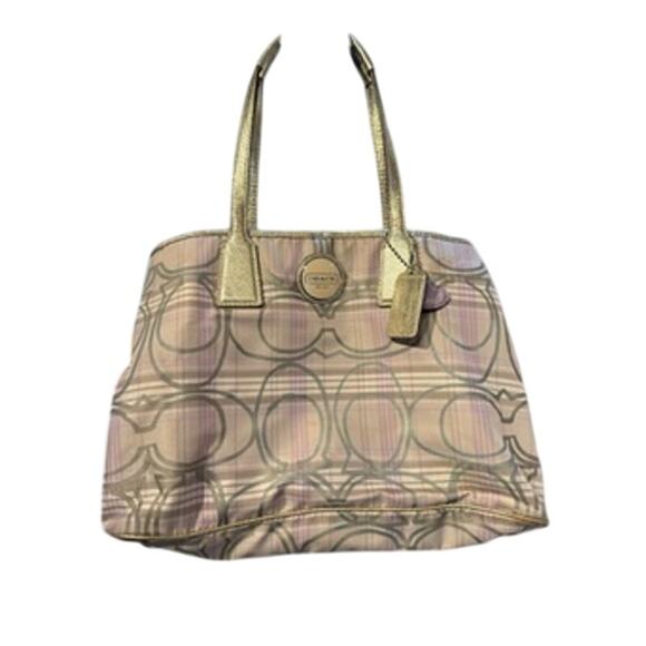 COACH Signature Striped Tartan Plaid Carryall Kisslock Handbag - Picture 1 of 1